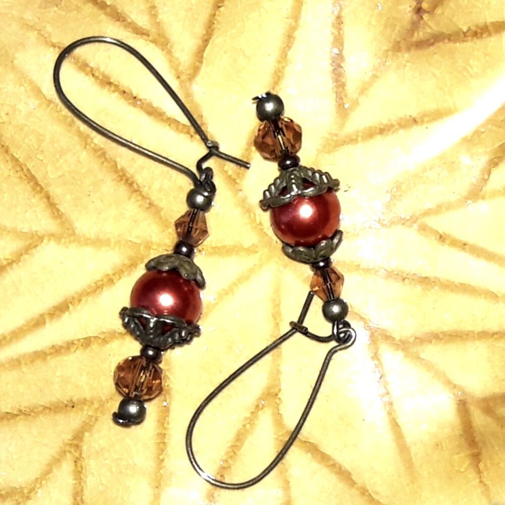 Victorian ornate Orange Glass handmade SemiHoops earrings Brown earrings  498■